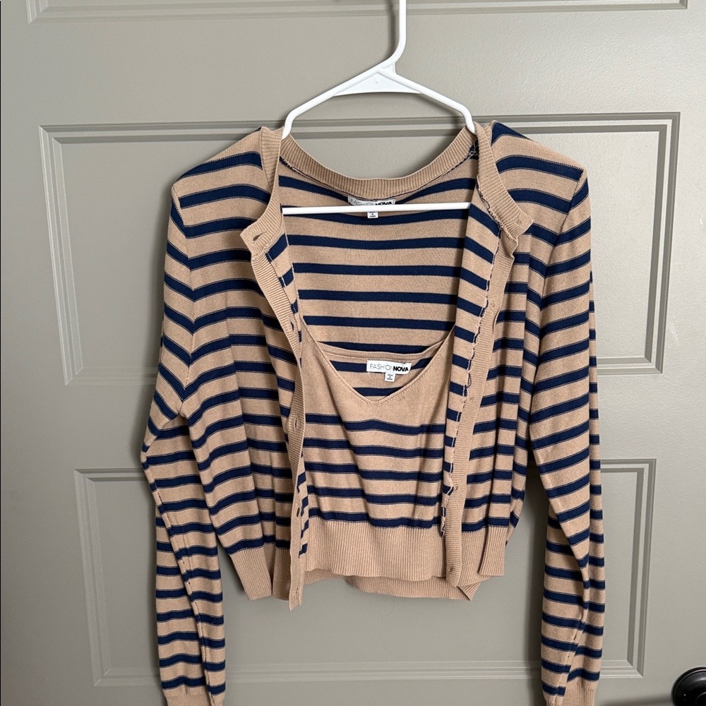 Striped Beige and Navy Cardigan Set